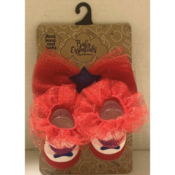 Baby Girls Patriotic Sparkle Headband And Socks Set Size 0-12M Red White Blue - Picture 2 of 11